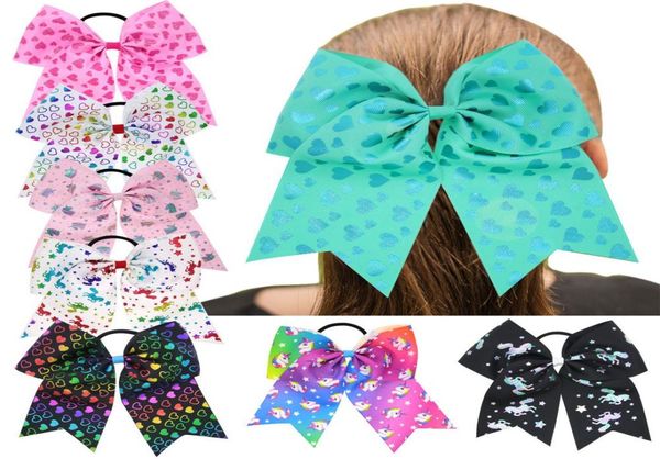 

8pcslot 8quot girl large cheer hair bows unicorn ponytail holder elastic rubber band hair bows bright color heart printed for v7921459, Slivery;white