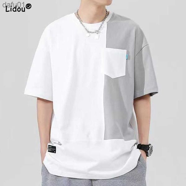 

men's clothing fashion young style popularity casual straightsummer pullovers patchwork asymmetrical pockets round neck t-shirts l23052, White;black