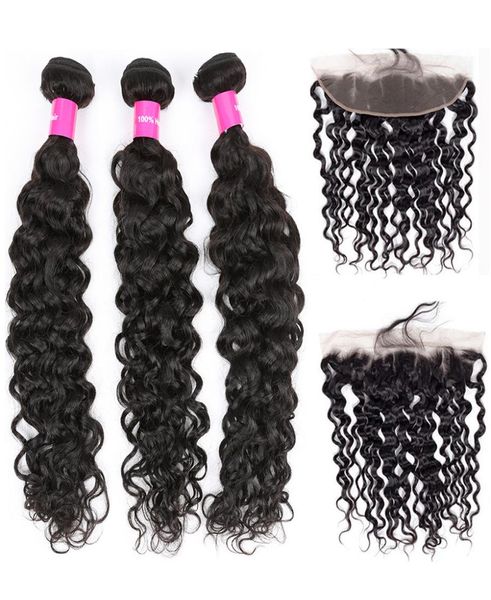 

brazilian water wave bundles with frontal human hair bundles with closure 13x4 lace frontal closure with bundles1709761, Black
