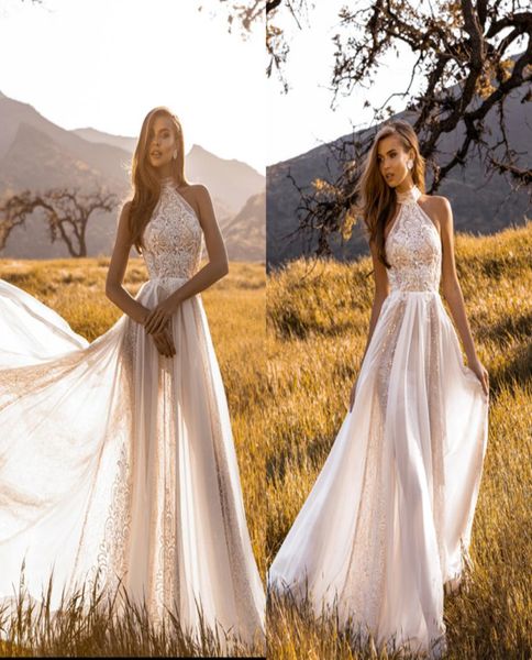 

2019 crystal design boho wedding dresses halter beach lace applique country wedding dresses a line custom made long bridal gowns5555410, White