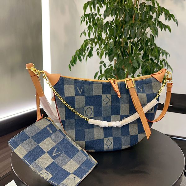 

denim loop women designer hobo pea bag plaid two-tone removable leather strap with coin purse cross body shoulder handbag large capacity hal