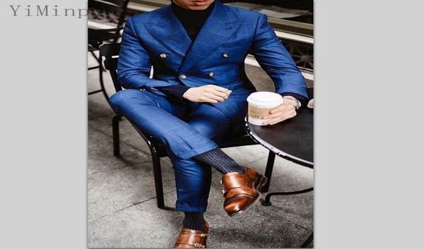 

blue plaid men suits peaked lapel double breasted costume mariage homme blazer jacket men tuxedos groom wedding suits coat pant 2 7368429, Black;gray