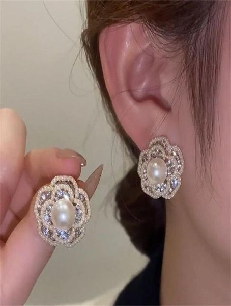 

chic flowers earrings for women jewelry genuine 100 925 sterling fashion korean pearl luxury party exquisite earring3989006, White