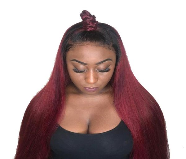 

ombre burgundy straight glueless lace front wig virgin hair brazilian two tone color1b 99j human hair wig with baby hair6677576, Black;brown