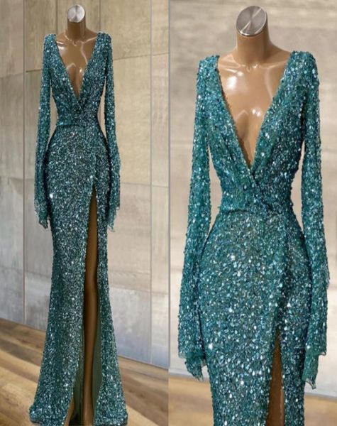 

blue glitter sequins mermaid prom dress long sleeves deep v neck front slit party night evening gowns vestidos de fiesta robe6543389, Black