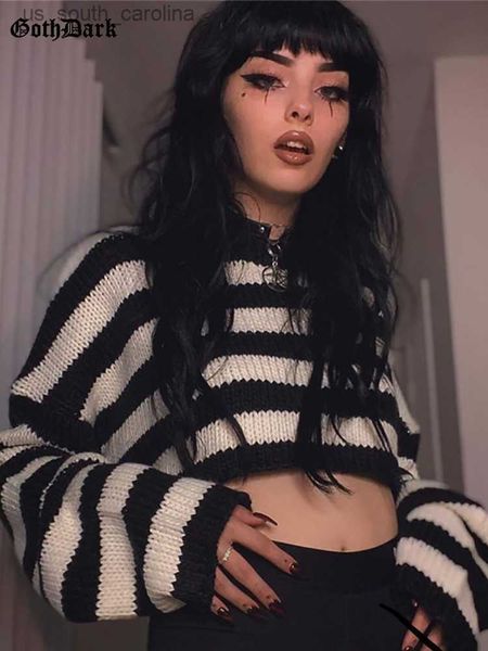 

goth dark vintage striped gothic sweaters punk oversize long sleeve women crop pullovers alt clothes fashion autumn streetwear l230522, White