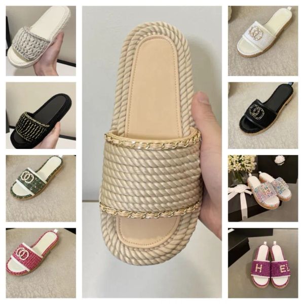 

designer women slippers weave braided c sandals fashion woolen weaving casual shoe chain knit platform slippers pool slides ladies beach ueu, Black