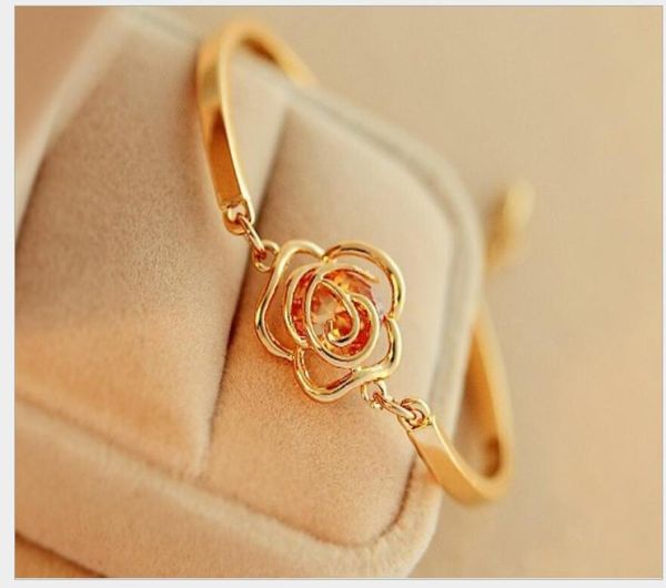 

fashion hollow camellia flower rose bracelet crystal charm bracelet gold plated cuff bangles for woman wedding jewelry ps23705232222, Golden;silver