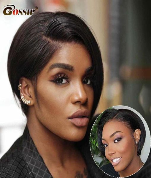 

short straight pixie wig human hair transparent lace t part brazilian remy cut for women gossip wigs4880398, Black;brown