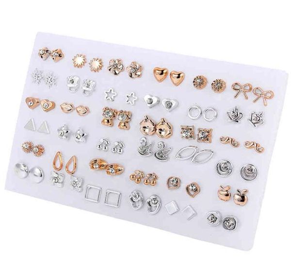 

36pairsset gold color flower heart stud earring set for women girl crystal earrings kids fashion jewelry gift mix styles4862927, Golden;silver