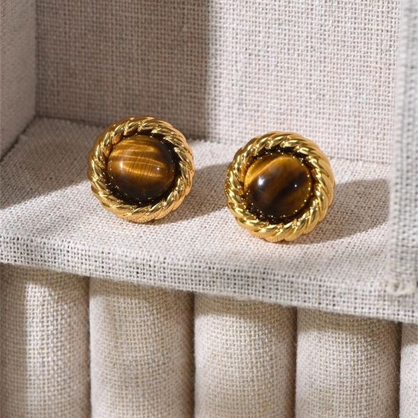 

french light luxury gold round tiger eye stone earrings for women europe and america fashion retro style button charm jewelry, Golden;silver