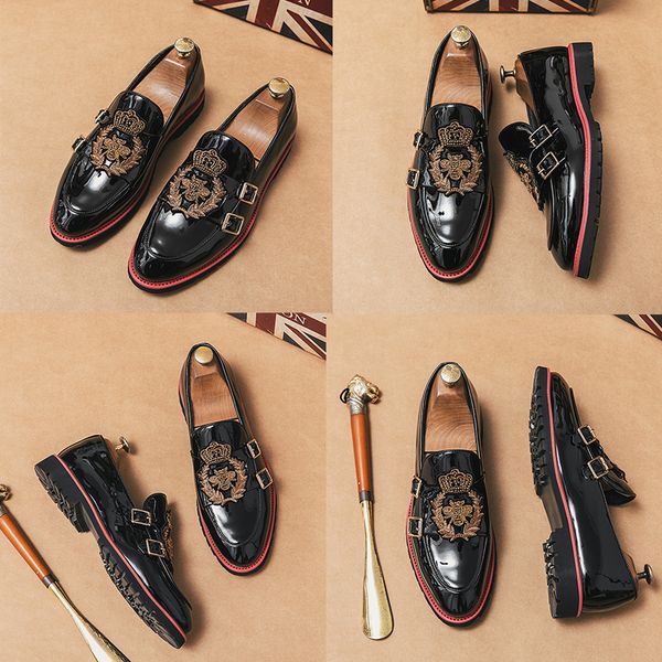 

glossy loafers men shoes pu leather casual fashion pointed head daily party double buckle embroidery trend gentleman business shoes size 38-, Black