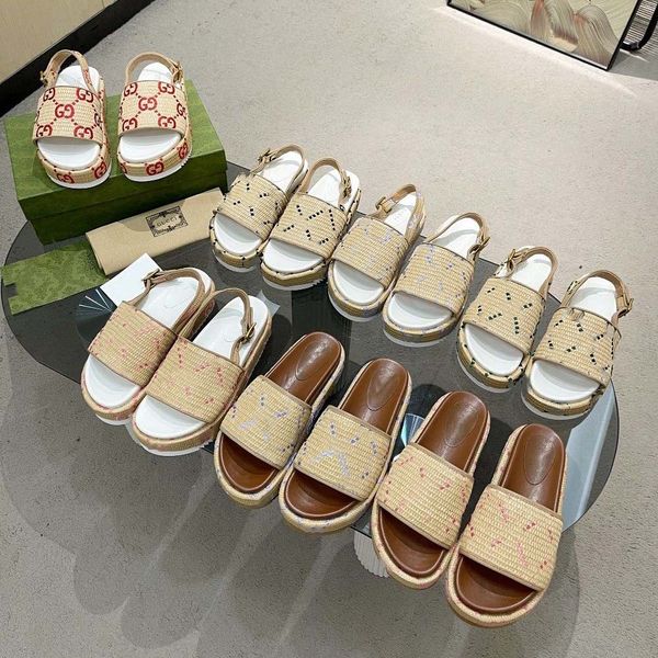 

designer slipper mid-heel rattan jumbo interlocking platform slides sandals luxury mens sandal beach womens shoes xad beige blue canvas summ, Black