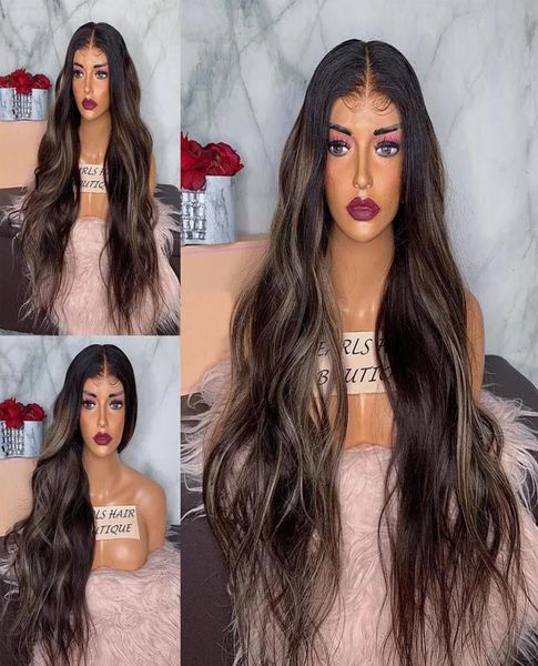 

26 inches long wavy highlight full lace human hair wigs with baby hair 150density pre plucked 360 lace frontal wigs bleached knot2107507, Black;brown