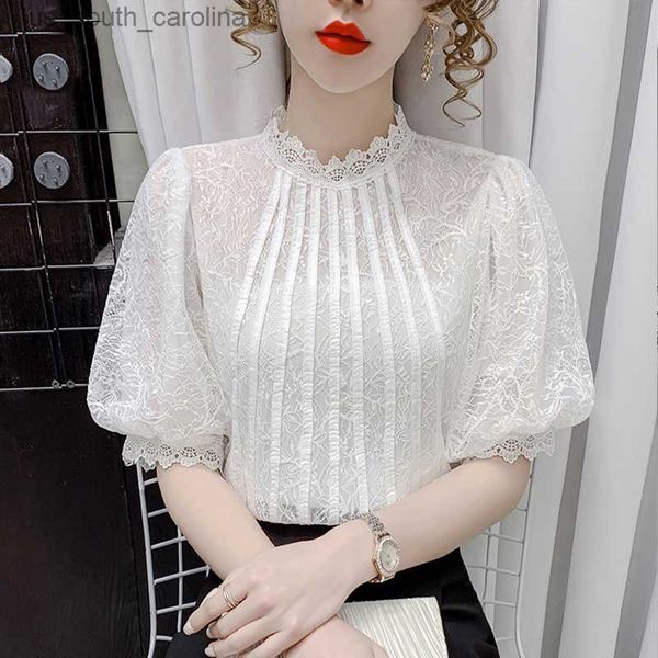 

elegant patchwork crochet women shirt plus size ladies lace blouse lantern sleeve o-neck collar women blusas ns5087 l230522, White