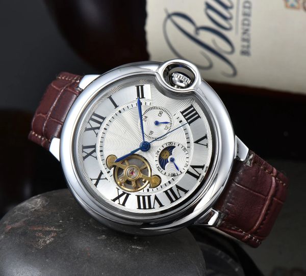 

brand mens womens watches fashion tourbillon mechanical automatic luxury watch leather strap diamond daydate moon phase movement heuer, Slivery;brown