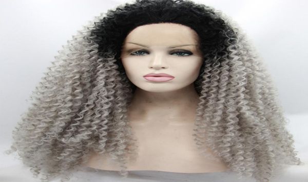 

ombre afro kinky curly gray synthetic lace front wig glueless two tone natural blacksilver grey heat resistant hair women wigs6238242, Black