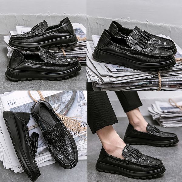 

loafers shoes men pu embossed metal buckle decorative flat bottomed round head classic leather business casual shoes luxury brands crocodile, Black
