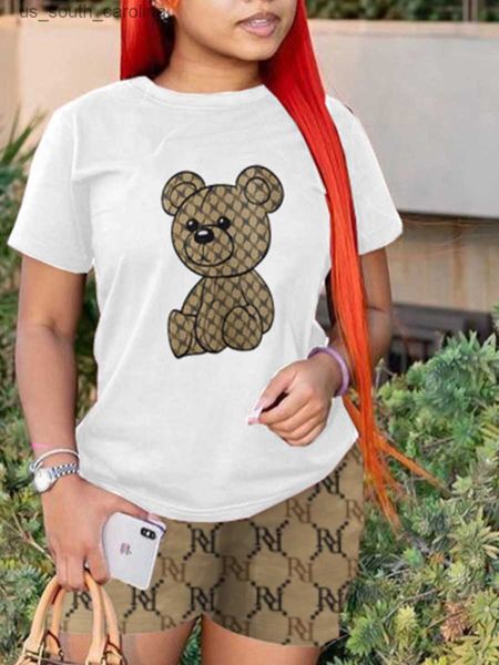 

lw geometric bear print shorts set o neck short sleeve basic t-shirt+mixed print hipster bottoms two pieces women/men 2pcs l230522, White