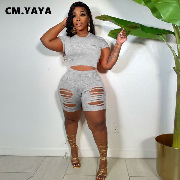 

two piece dress cm.yayaya workout women two 2-piece set sportswear mini t-shirt and perforated shorts matching set street basic athletic wea, White