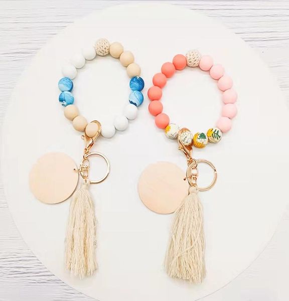 

foreign trade new food grade silicone beads bracelet keychain cotton thread tassel pendant key ring whole multicolor optional7323371, Silver