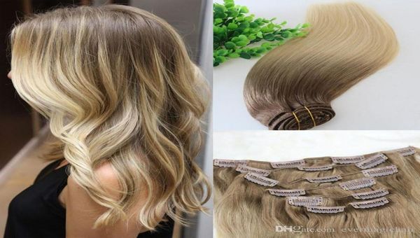 

8 60 613 full head clip in human hair extensions ombre medium brown ombre hair light blonde balayage highlights 7pcs a lot 120g5719491, Black