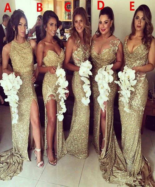 

sparkly bling gold sequined mermaid bridesmaid dresses backless slit plus size maid of the honor gowns wedding dress8007938, White;pink
