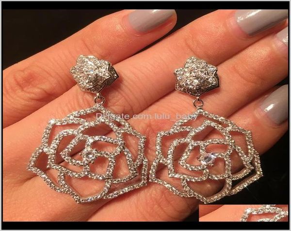 

fashion luxury designer super sparkling diamonds zirconia camellia flower pendant earrings for women girls silver post mleee zscel7982251, Golden;silver