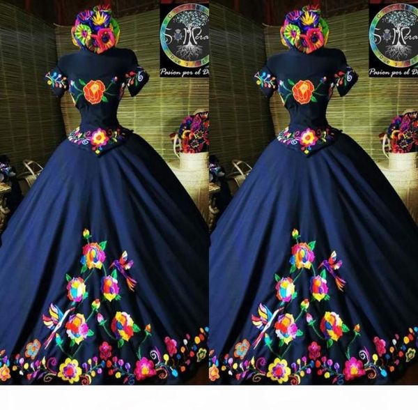 

2021 fashion charro mexico quinceanera dresses navy blue embroidered off the shoulder satin corset back sweet 15 girls prom dress 9182124, Blue;red