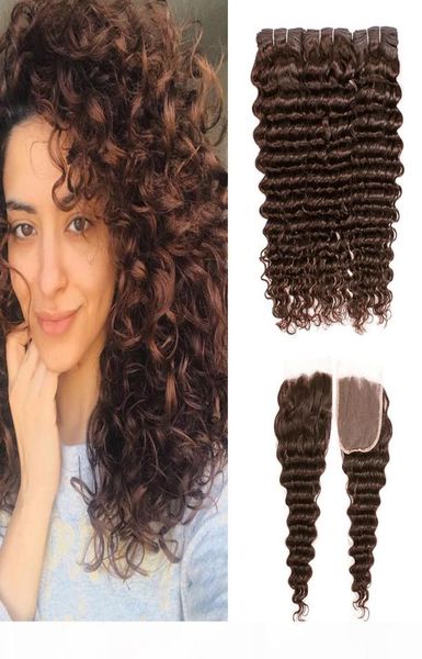 

8a deep curly wave bundles with closure 4 medium brown brazilian virgin hair 3 bundles with 4x4 lace closure remy human hair exte8805345, Black;brown