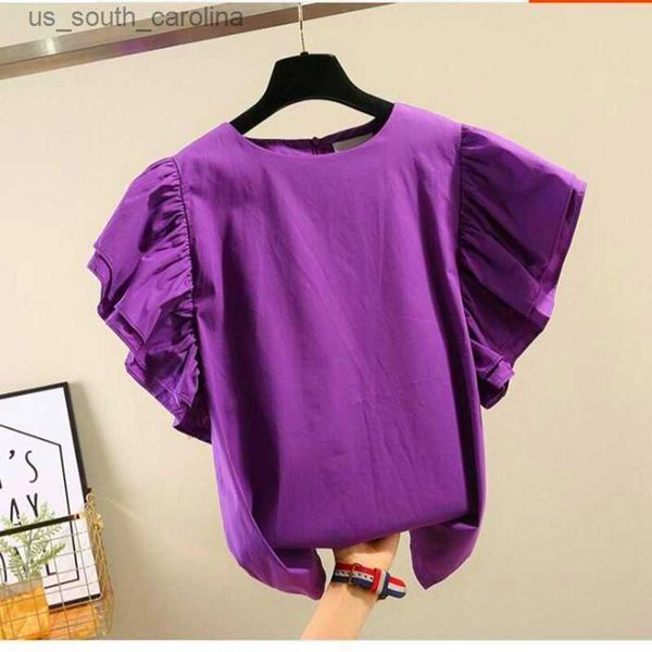 

fashion women summer cotton linen shirts ruffles short sleeve ladies office work wear elegant shirts - l230522, White