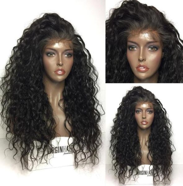 

wet and wavy full lace human hair wigs for black women virgin peruvian water wave lace front wigs natural hairline6800794, Black;brown