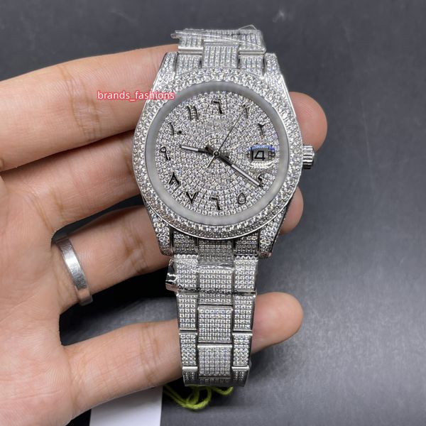 

men's iced hip hop diamond watch silver stainless steel case diamond face watch arabic numerals dial automatic movement shiny good watc, Slivery;brown