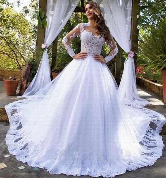 

2021 vintage lace princess wedding dresses ball gown illusion bodice elegant long sleeve bridal gowns vestido de noiva8077997, White
