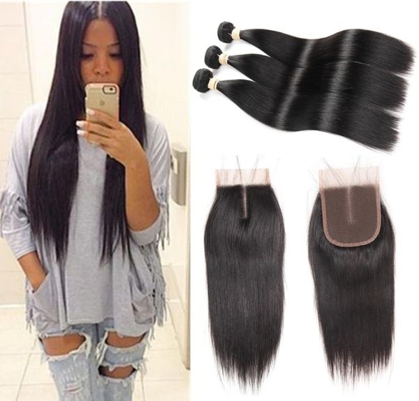 

3 bundles human hair bundle lace closure 8a grade brazilian virgin straight hair with closure brazilian virgin hair with closure a3726056, Black;brown
