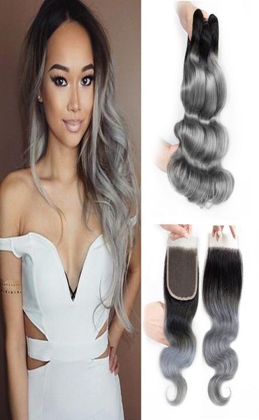 

1b grey ombre hair weave bundles with closure body wave brazilian virgin hair 1018inch 3 bundles with 4x4 lace closure remy hair 9148585, Black;brown