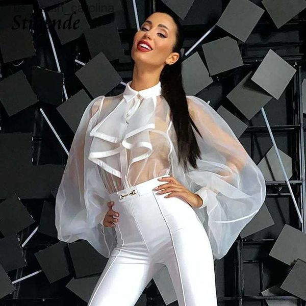 

stigende puffy sleeve loose fit transparent shirts women see through bodysuit blouse turn down collar ruffles chiffon l230522, White