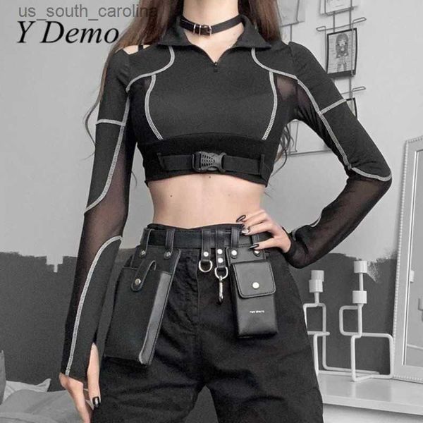

y demo techwear long sleeve hollow out women's t-shirt casual stand collar zipper buckle mesh patchwork crop summer l230522, White