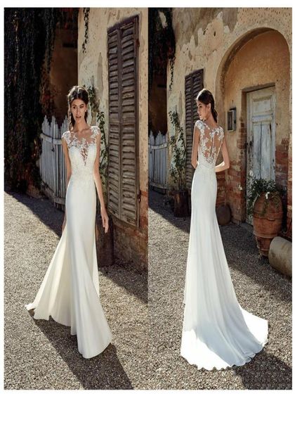 

sleeveless see through neck appliqued lace wedding dresses 2020 mermaid train illusion boho bridal gown dress white ivory9967498