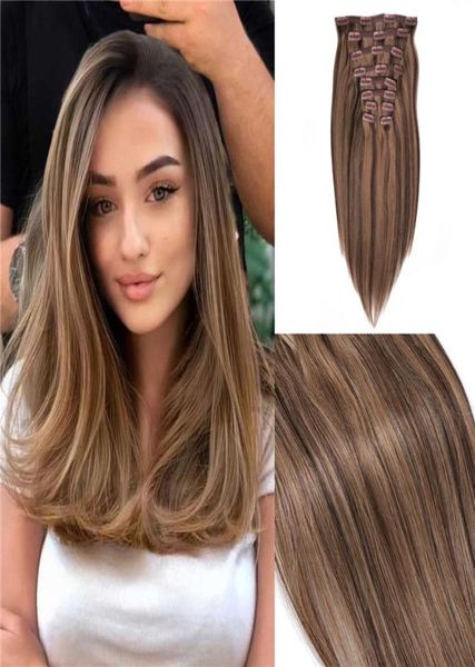 

premium quality human hair clip in hair extensions highlights 4 color mixed with 27 balayage color clip on hair extensions 120g2837344, Black;brown