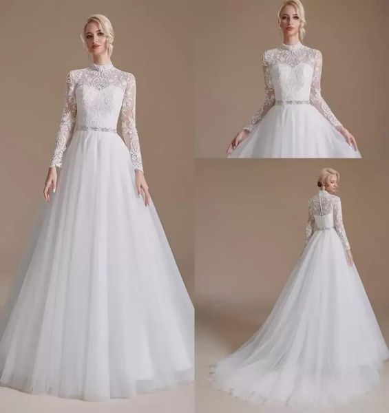 

2022 high neck long sleeves lace aline wedding dresses vintage tulle applique beaded sash court train bridal gowns with butto5546844, White