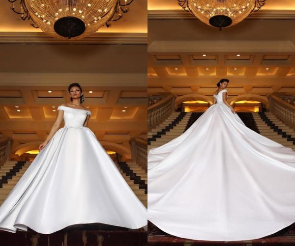 

2020 new gorgeous arabic wedding dresses long train off the shoulder lace appliques satin plus size bridal gowns5295146, White