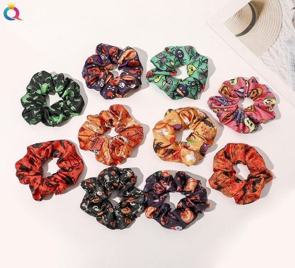 

halloween hair scrunchy hairband for woman pumpkin skull print elastic bands girl ties accessory rope ring9381737, Slivery;white