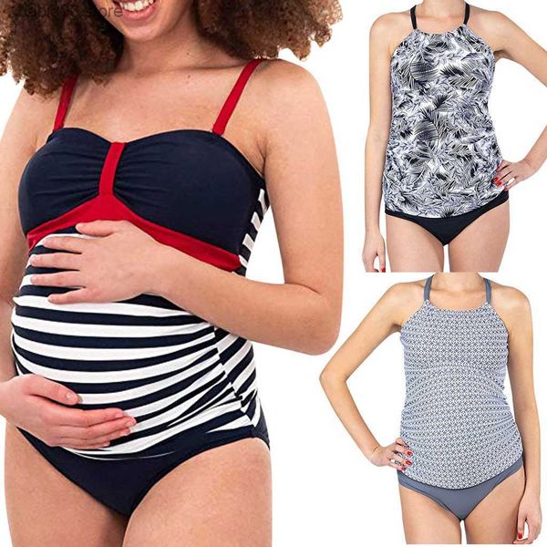 

maternity swimwears wommen swimwear summer plus size maternity one piece stripe print bikinis swimsuit beachwear premaman bathing suit tanki, White