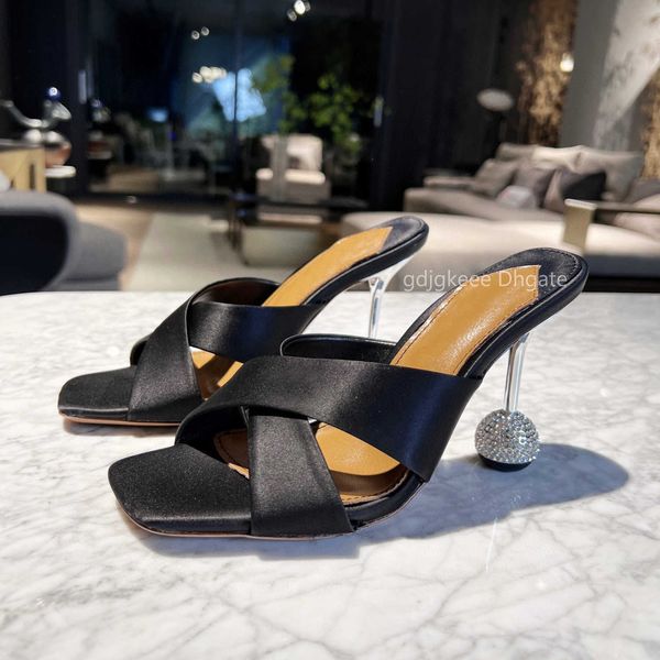 

aquazzura designer heels sandals for women studded with rhinestone high heel slippers leather sole sandal 10cm dress shoe 34-42 with box, Black