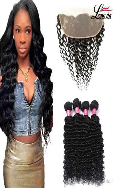 

deep wave human hair with frontal 13x4 human curly bundles with frontal closure peruvian deep wave frontal human hair 34 bundles5672728, Black