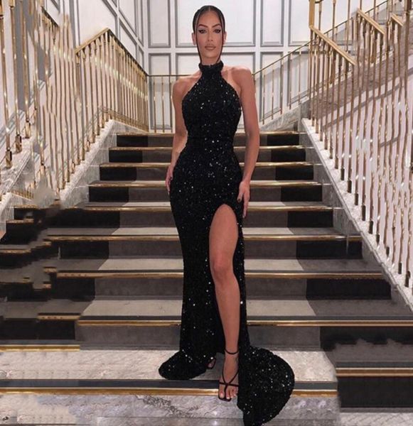 

new year039s plus size black mermaid prom dresses sequins halter neck high side split sweep train formal evening gowns cus7897010