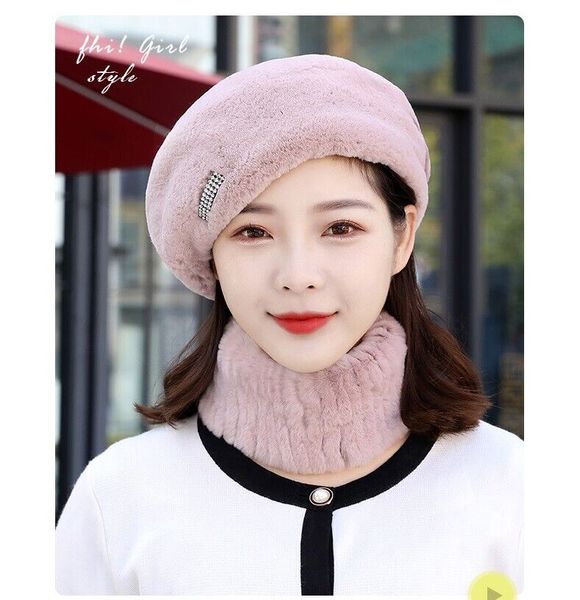 

women's real rex rabbit fur hat scarf sets winter warm beret cap pink, Blue;gray