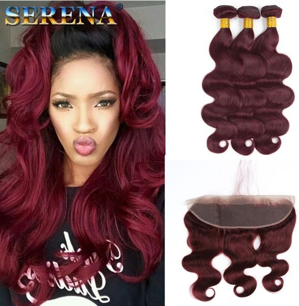 

8a brazilian human hair bundles red bundles with frontal 99j body wave virgin hair closure burgundy human hair bundles with 13x4 f2865942, Black;brown