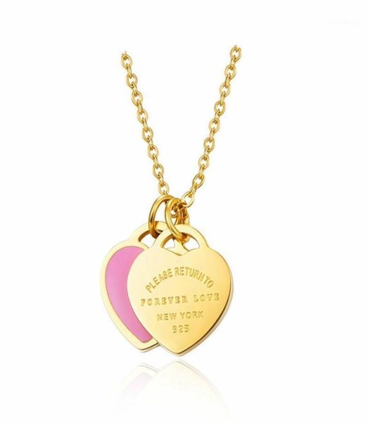 

2020 jingyang 316l stainless steel goldcolor pink green double heart pendant link chain necklace fashion jewelry for women p212111612, Silver
